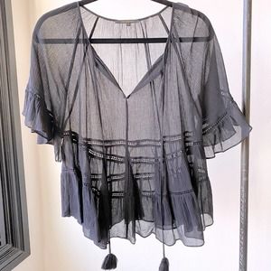 KOBI HALPERIN Women's Black Silk Sheer Short Sleeve Tassel Tie Peasant Top sz XS